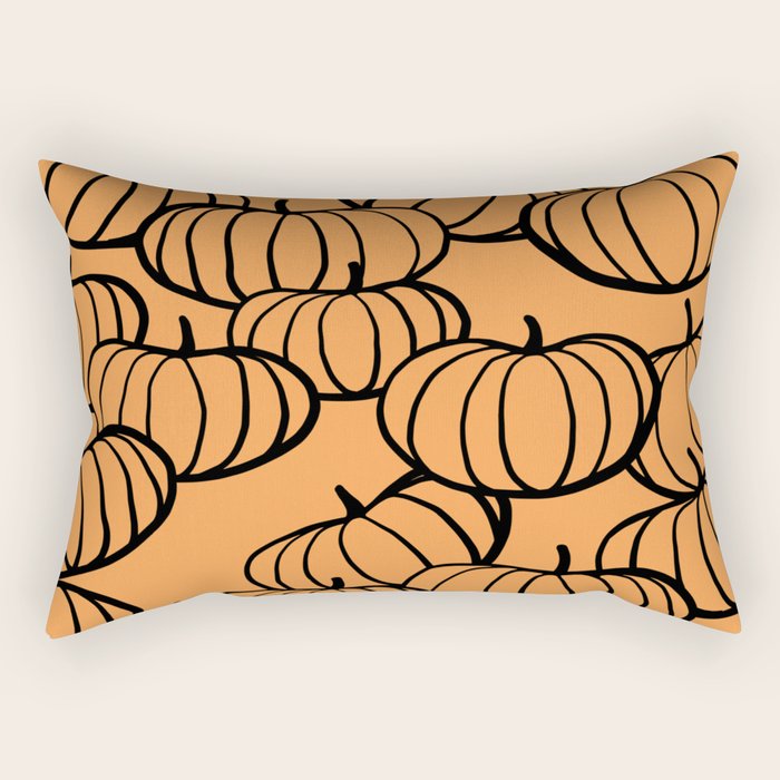 Minimal Retro Line-art Pumpkin Pattern - Black on Orange Rectangular Pillow Gallery Image 1