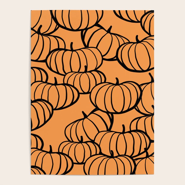 Minimal Retro Line-art Pumpkin Pattern - Black on Orange Poster Gallery Image 1