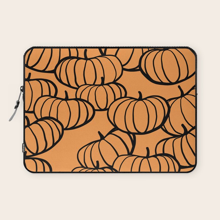 Minimal Retro Line-art Pumpkin Pattern - Black on Orange Laptop Sleeve Gallery Image 1