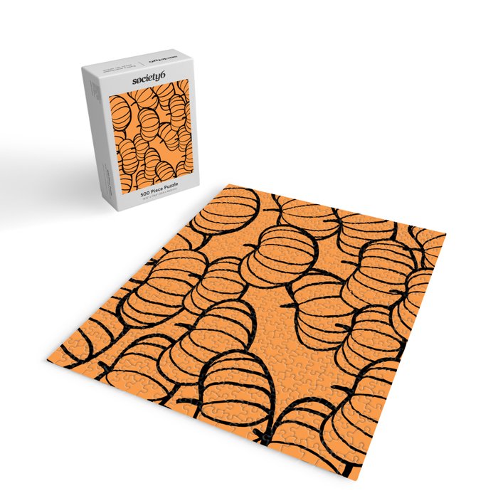 Minimal Retro Line-art Pumpkin Pattern - Black on Orange Jigsaw Puzzle Gallery Image 2