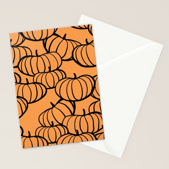 Minimal Retro Line-art Pumpkin Pattern - Black on Orange Stationery Card Gallery Image 2