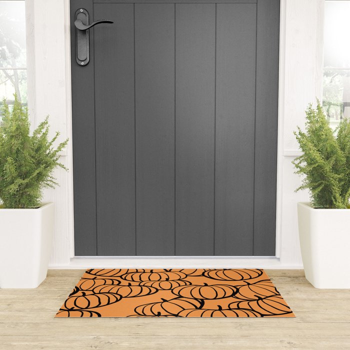 Minimal Retro Line-art Pumpkin Pattern - Black on Orange Welcome Mat Gallery Image 3