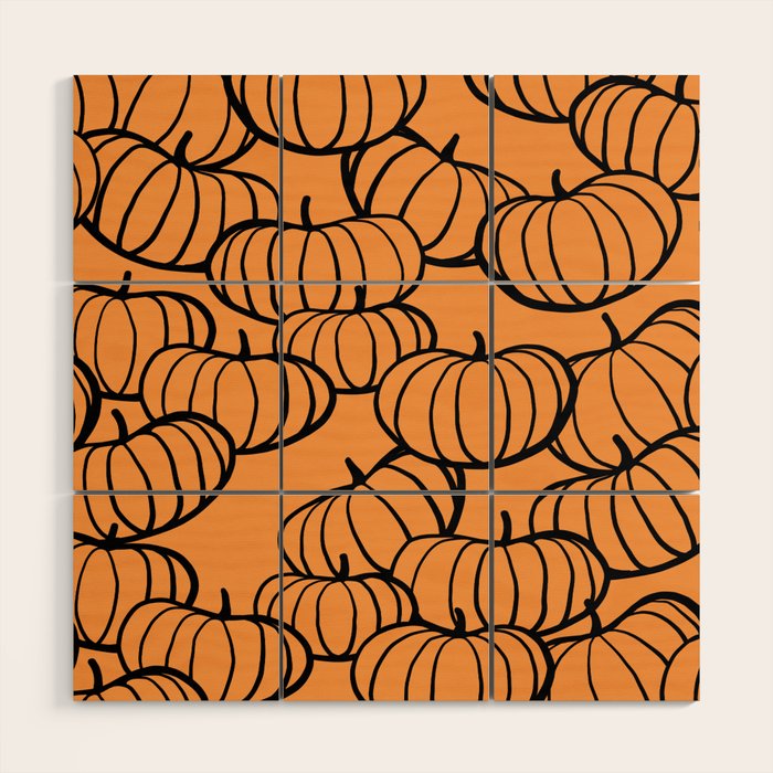 Minimal Retro Line-art Pumpkin Pattern - Black on Orange Wood Wall Art Gallery Image 1