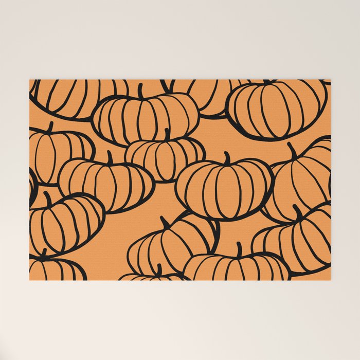 Minimal Retro Line-art Pumpkin Pattern - Black on Orange Welcome Mat Gallery Image 1