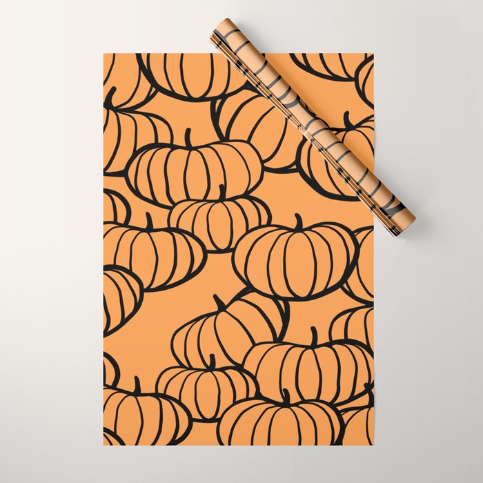 Minimal Retro Line-art Pumpkin Pattern - Black on Orange Wrapping Paper Gallery Image 1