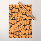 Minimal Retro Line-art Pumpkin Pattern - Black on Orange Wrapping Paper Gallery Image 1
