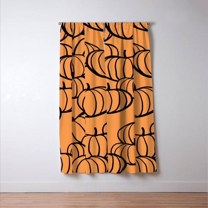 Minimal Retro Line-art Pumpkin Pattern - Black on Orange Window Curtain Gallery Image 3