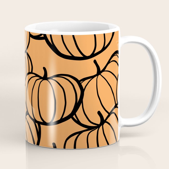 Minimal Retro Line-art Pumpkin Pattern - Black on Orange Coffee Mug Gallery Image 1