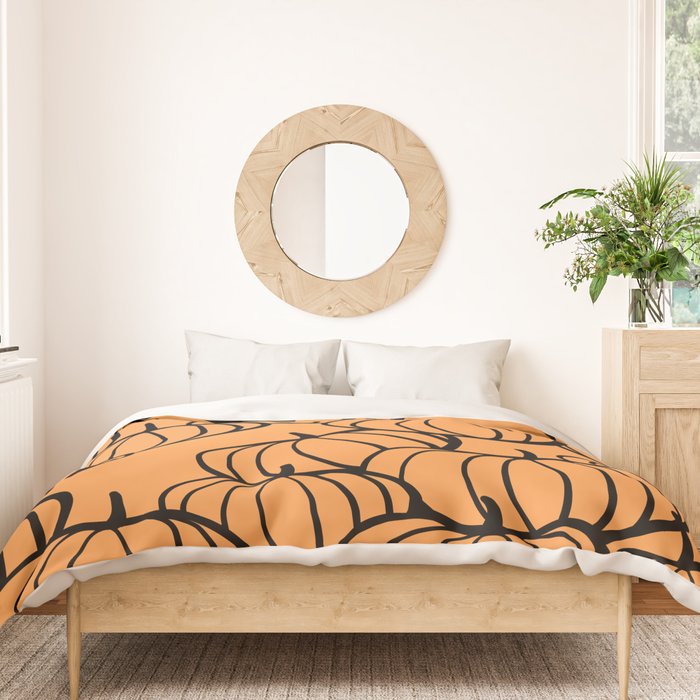 Minimal Retro Line-art Pumpkin Pattern - Black on Orange Duvet Cover Gallery Image 3