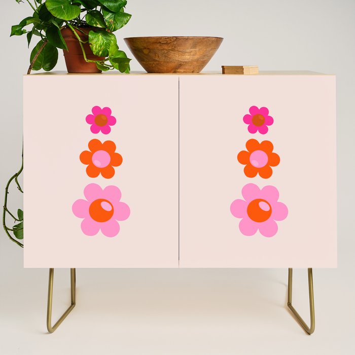 Les Fleurs | 01 - Abstract Retro Floral, Pink And Orange Print Preppy Flowers Credenza Gallery Image 1