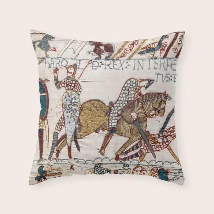 Battle of Hastings- Bayeux Tapestry King Harold Is Killed Arrow In Eye Throw Pillow Gallery Image 6