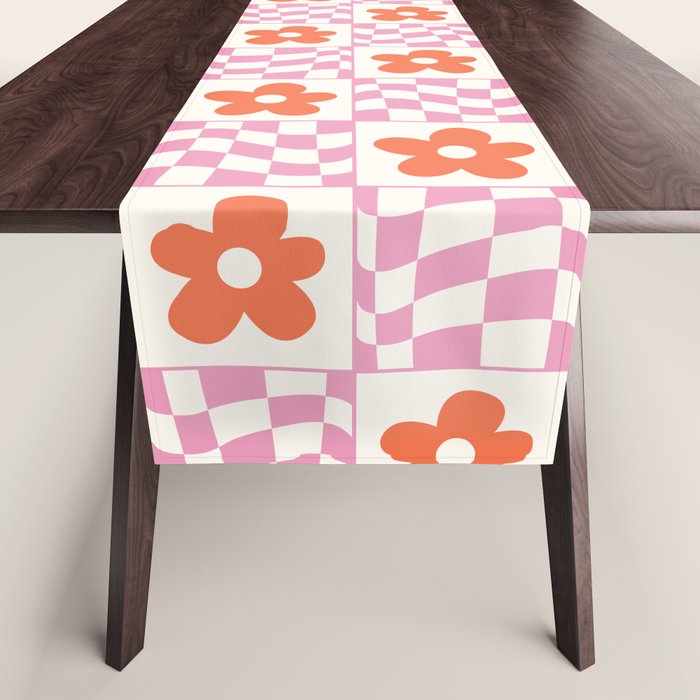 Orange Flower Pink & White Warped Double Checker Table Runner Gallery Image 1