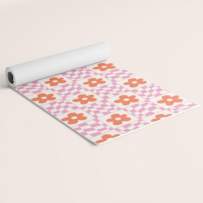 Orange Flower Pink & White Warped Double Checker Yoga Mat Gallery Image 2