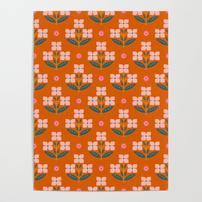 Retro Pink Floral Bunches Pattern - Terracotta  Poster Gallery Image 4