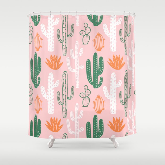 Retro hand drawn cactus plant pattern Shower Curtain Gallery Image 1