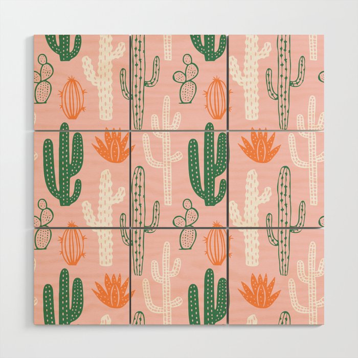 Retro hand drawn cactus plant pattern Wood Wall Art Gallery Image 1