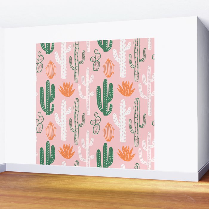 Retro hand drawn cactus plant pattern Wall Mural Gallery Image 2