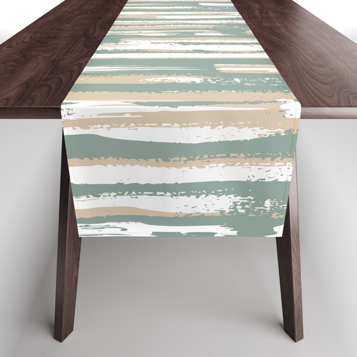 Colorful Stripes, Green and Beige, Abstract Art Table Runner Gallery Image 1