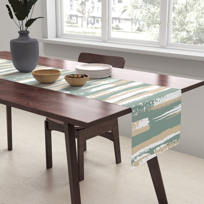 Colorful Stripes, Green and Beige, Abstract Art Table Runner Gallery Image 2