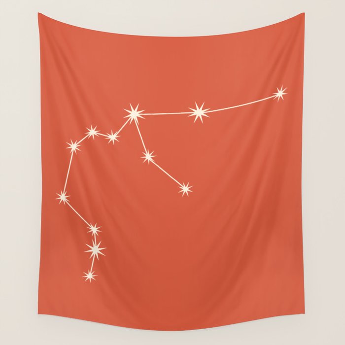 Aquarius Zodiac Star Constellation Line Art Coral Red Wall Tapestry Gallery Image 1