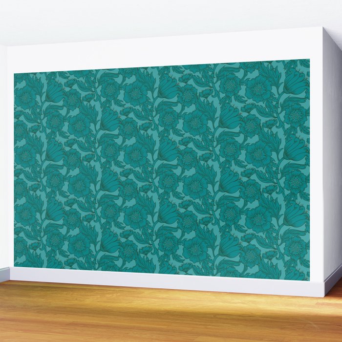 Teal Floral Flourish - Large Wall Mural Gallery Image 2