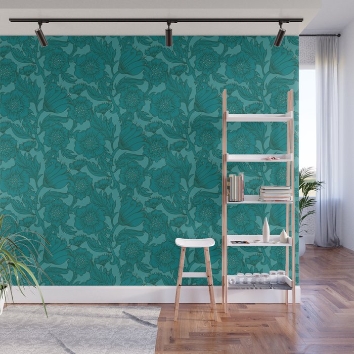 Teal Floral Flourish - Large Wall Mural Gallery Image 1