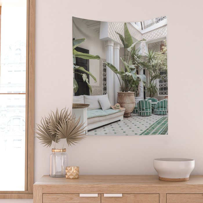 Moroccan Riad In Marrakech Photo | Arabic Interior Design Art Print | Green Tropical Travel Photography Wall Tapestry Gallery Image 2