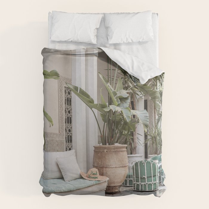 Moroccan Riad In Marrakech Photo | Arabic Interior Design Art Print | Green Tropical Travel Photography Duvet Cover Gallery Image 6