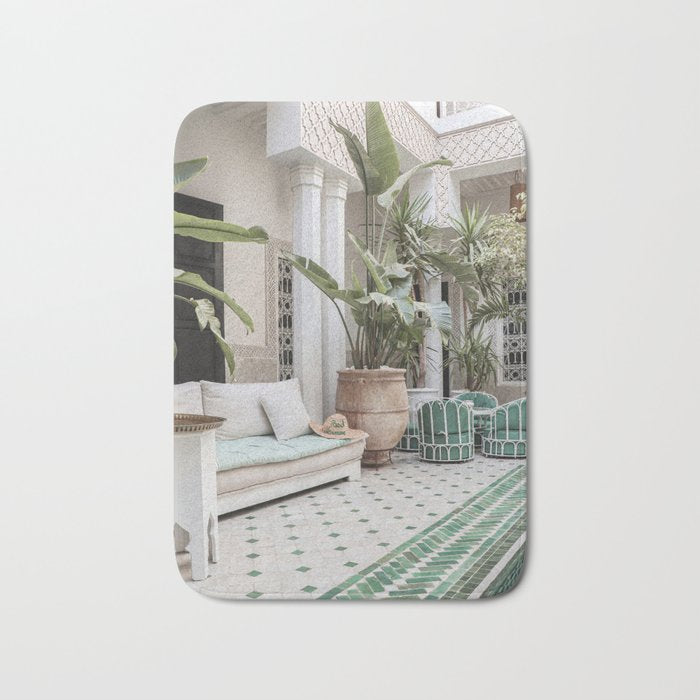 Moroccan Riad In Marrakech Photo | Arabic Interior Design Art Print | Green Tropical Travel Photography Bath Mat Gallery Image 1