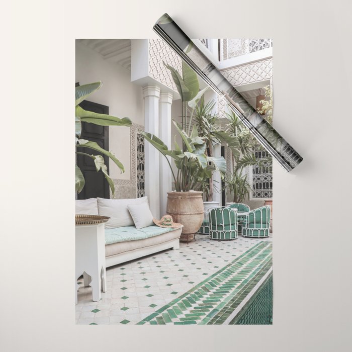 Moroccan Riad In Marrakech Photo | Arabic Interior Design Art Print | Green Tropical Travel Photography Wrapping Paper Gallery Image 1