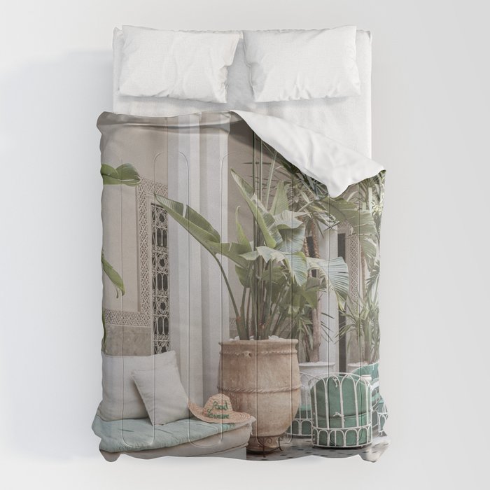 Moroccan Riad In Marrakech Photo | Arabic Interior Design Art Print | Green Tropical Travel Photography Comforter Gallery Image 6