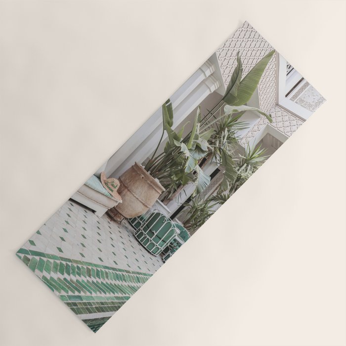 Moroccan Riad In Marrakech Photo | Arabic Interior Design Art Print | Green Tropical Travel Photography Yoga Mat Gallery Image 1