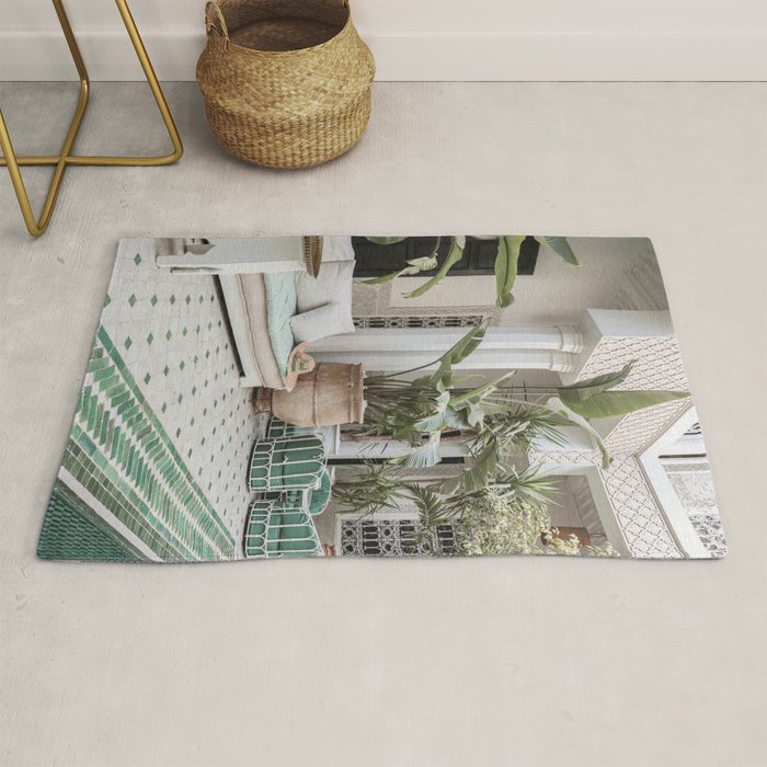 Moroccan Riad In Marrakech Photo | Arabic Interior Design Art Print | Green Tropical Travel Photography Rug Gallery Image 1