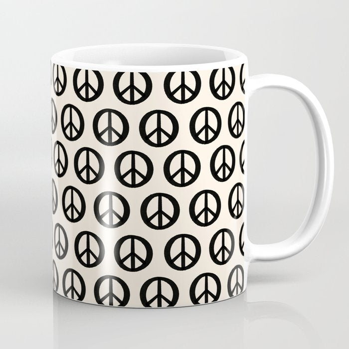 Inky Peace Dots Minimalist Pattern 2 in Black and Almond Cream Coffee Mug Gallery Image 1