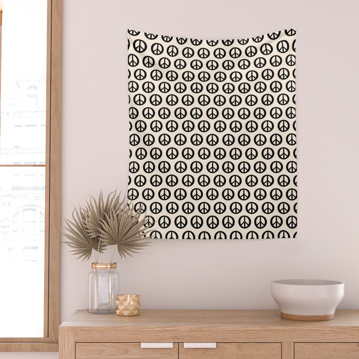 Inky Peace Dots Minimalist Pattern 2 in Black and Almond Cream Wall Tapestry Gallery Image 2