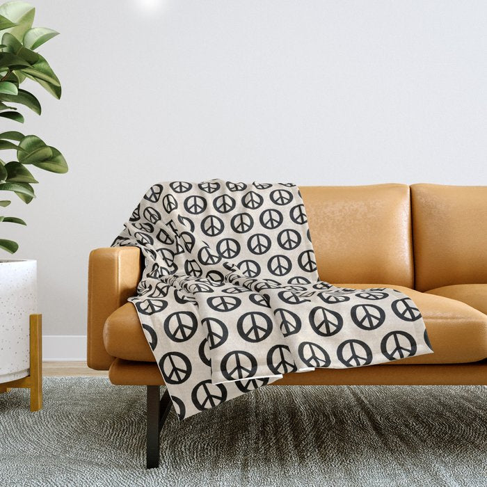 Inky Peace Dots Minimalist Pattern 2 in Black and Almond Cream Throw Blanket Gallery Image 1