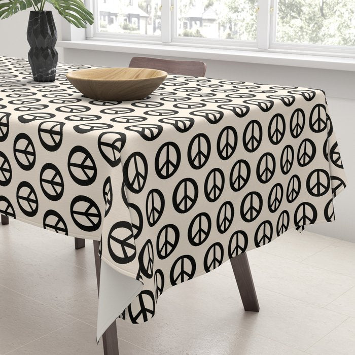 Inky Peace Dots Minimalist Pattern 2 in Black and Almond Cream Tablecloth Gallery Image 3
