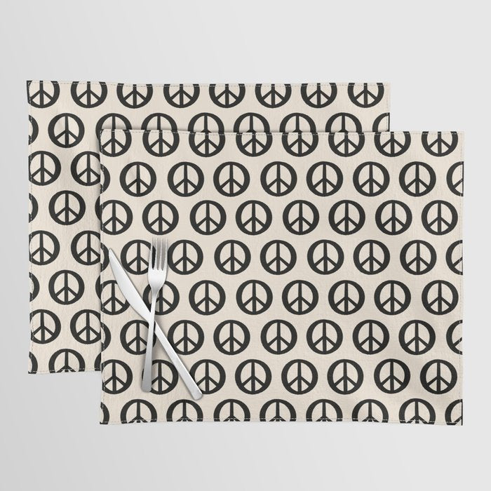 Inky Peace Dots Minimalist Pattern 2 in Black and Almond Cream Placemat Gallery Image 1