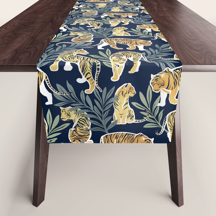 Nouveau white tigers // navy blue background green leaves white lines yellow animals Table Runner Gallery Image 1