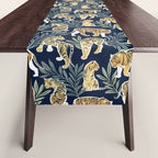 Nouveau white tigers // navy blue background green leaves white lines yellow animals Table Runner Gallery Image 1