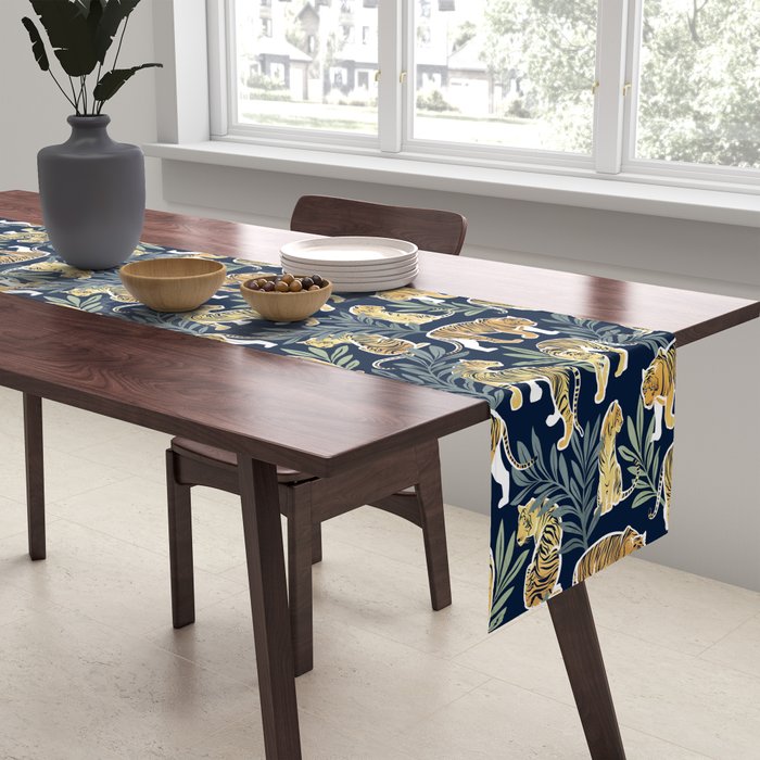 Nouveau white tigers // navy blue background green leaves white lines yellow animals Table Runner Gallery Image 2