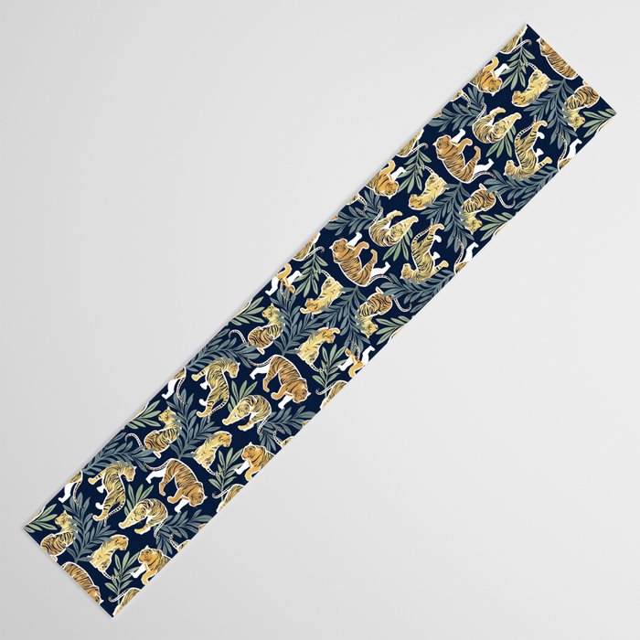 Nouveau white tigers // navy blue background green leaves white lines yellow animals Table Runner Gallery Image 3