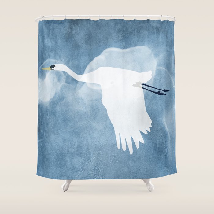 White Egret In Flight Illustration Wings Down Shower Curtain Gallery Image 1
