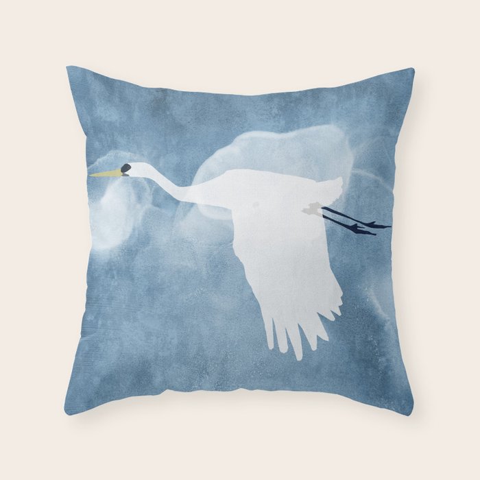 White Egret In Flight Illustration Wings Down Throw Pillow Gallery Image 6