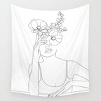 Minimal Line Art Woman with Flowers II Wall Tapestry Gallery Image 4