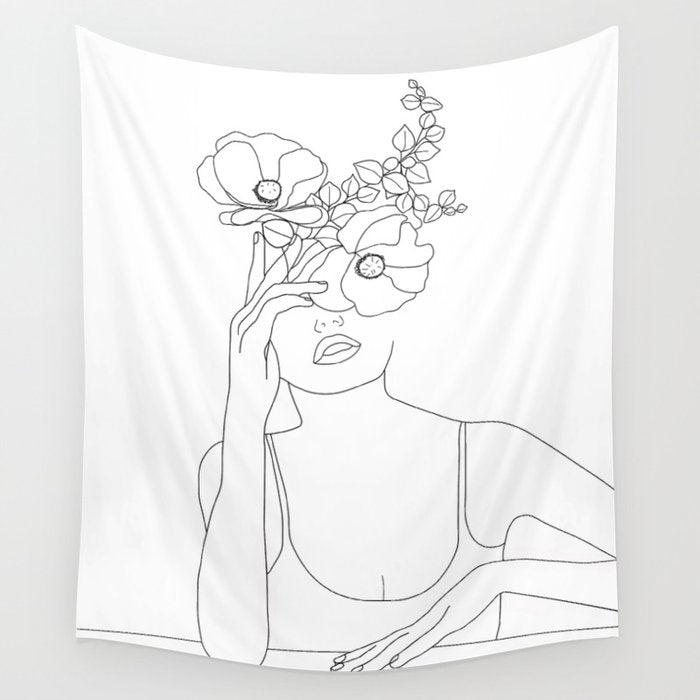 Minimal Line Art Woman with Flowers II Wall Tapestry Gallery Image 1