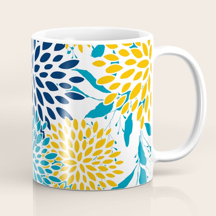 Floral Blooms and Leaves, Navy, Teal Blue, Yellow Coffee Mug Gallery Image 1