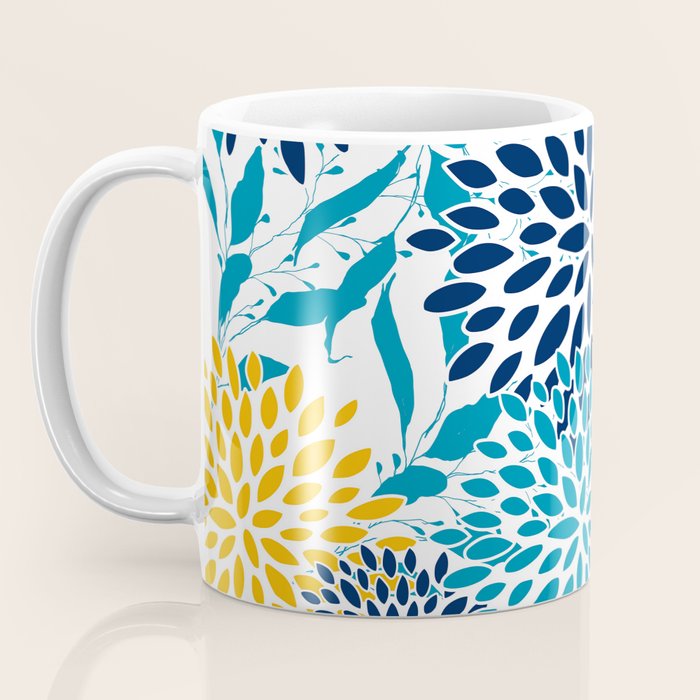 Floral Blooms and Leaves, Navy, Teal Blue, Yellow Coffee Mug Gallery Image 3