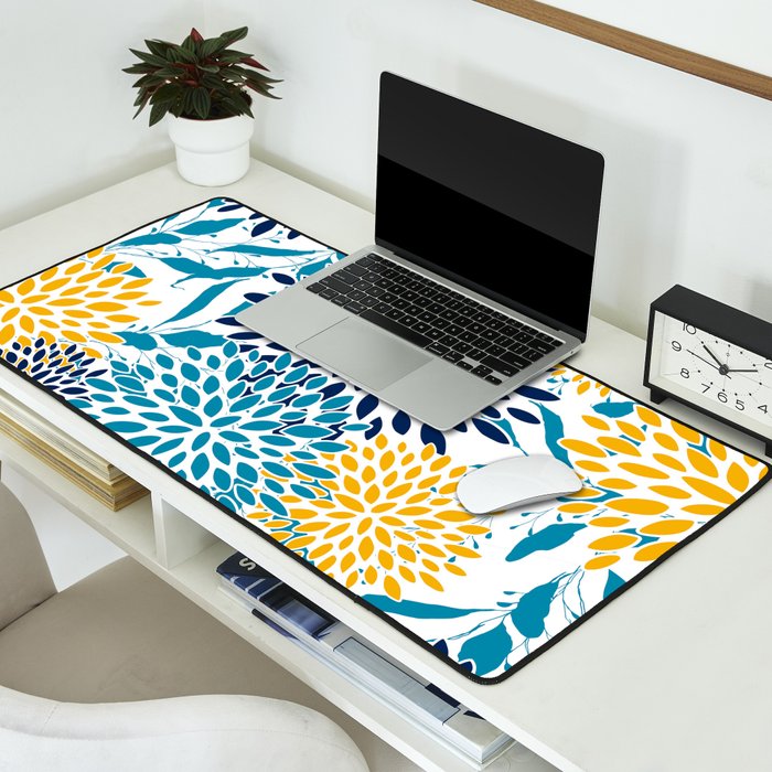 Floral Blooms and Leaves, Navy, Teal Blue, Yellow Desk Mat Gallery Image 2