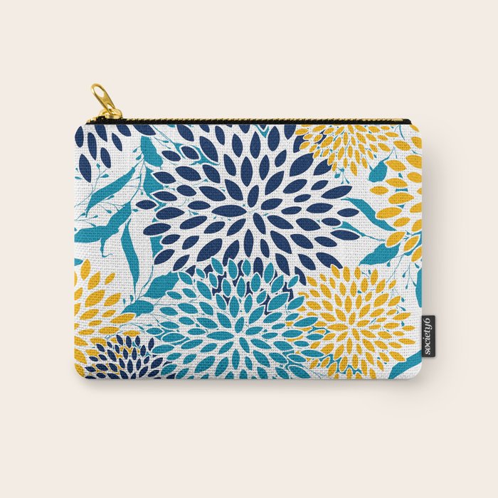 Floral Blooms and Leaves, Navy, Teal Blue, Yellow Carry All Pouch Gallery Image 1